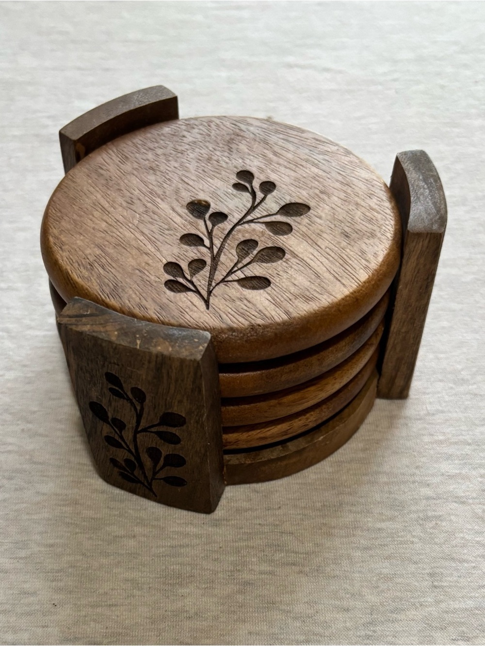 Vintage Wooden Coaster Set with Holder – Hand-Carved Floral Design – Set of 4